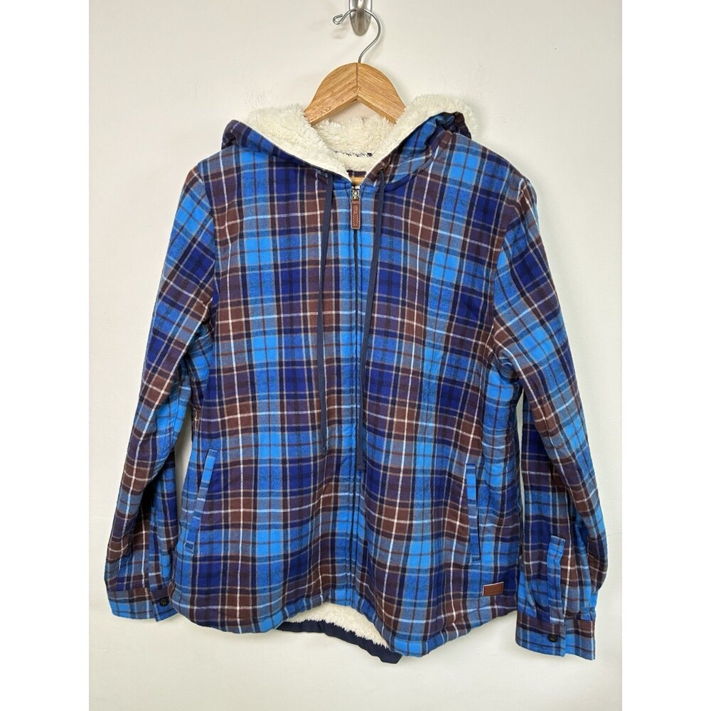LL Bean Sherpa Hoodie Women’s Medium NWT Blue Plaid Relaxed Fit #505453 Heavy